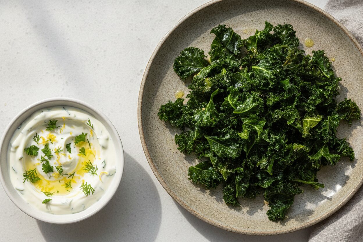 Airfryer-Grünkohlchips mit Knoblauch-Joghurt-Dip