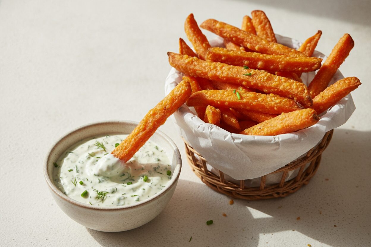 Airfryer Süßkartoffel-Pommes mit Kräuterquark