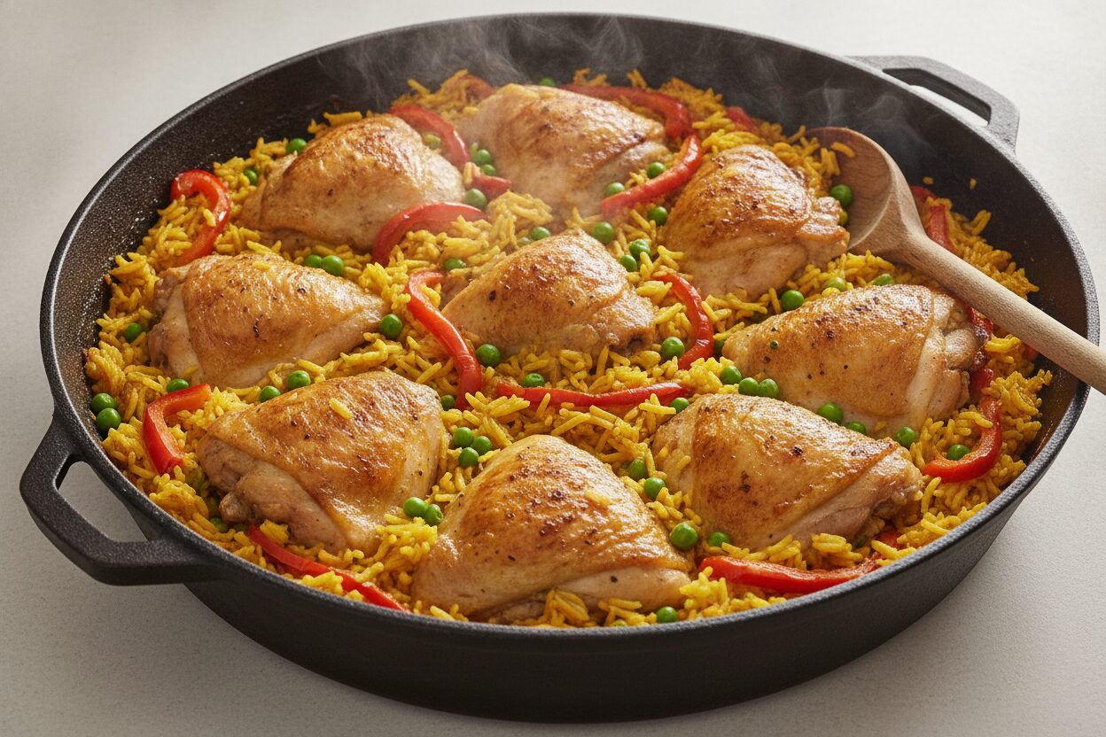 Familientopf: Hähnchenschenkel-Reispfanne mit Paprika & Erbsen