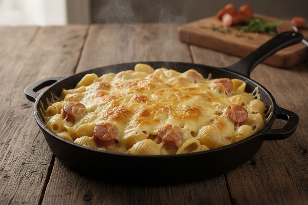 Käse-Nudeln mit Würstchen (Familientopf)