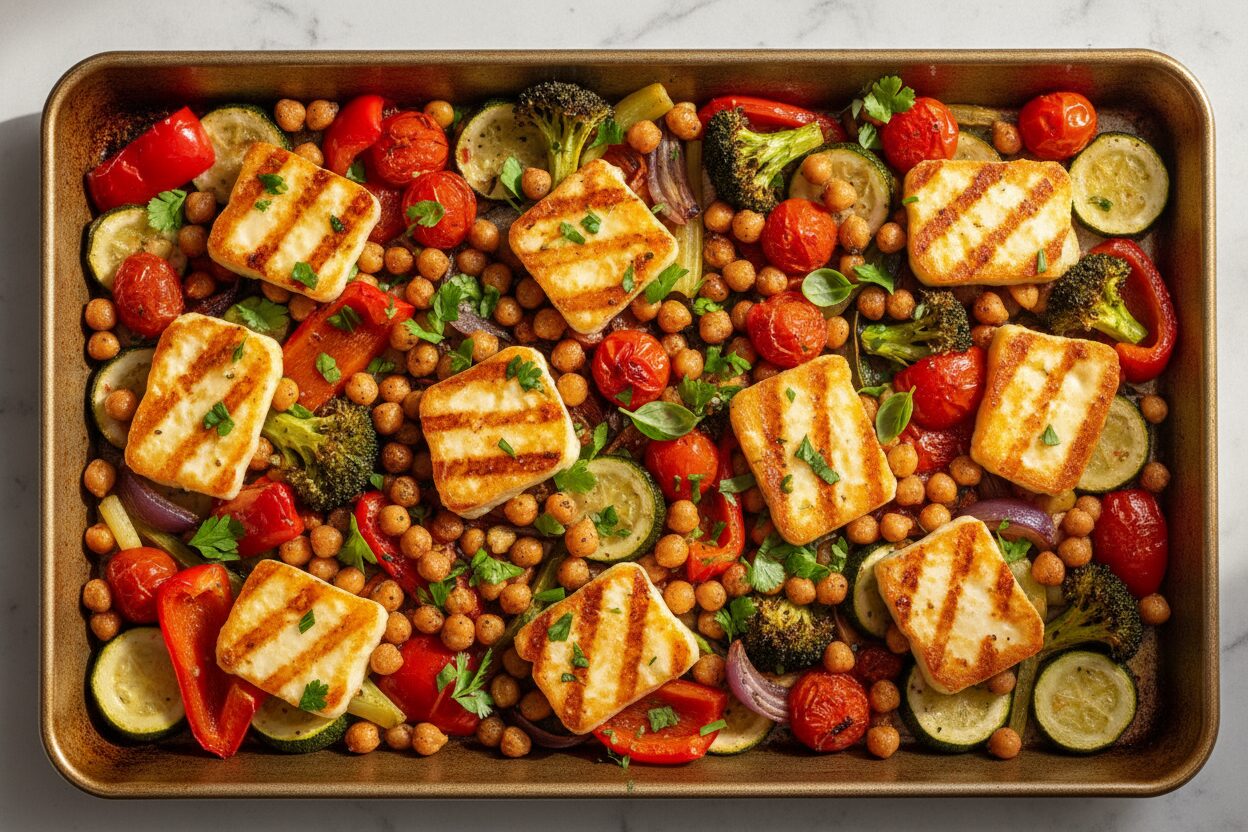 Buntes Ofengemüse mit Halloumi und Kichererbsen