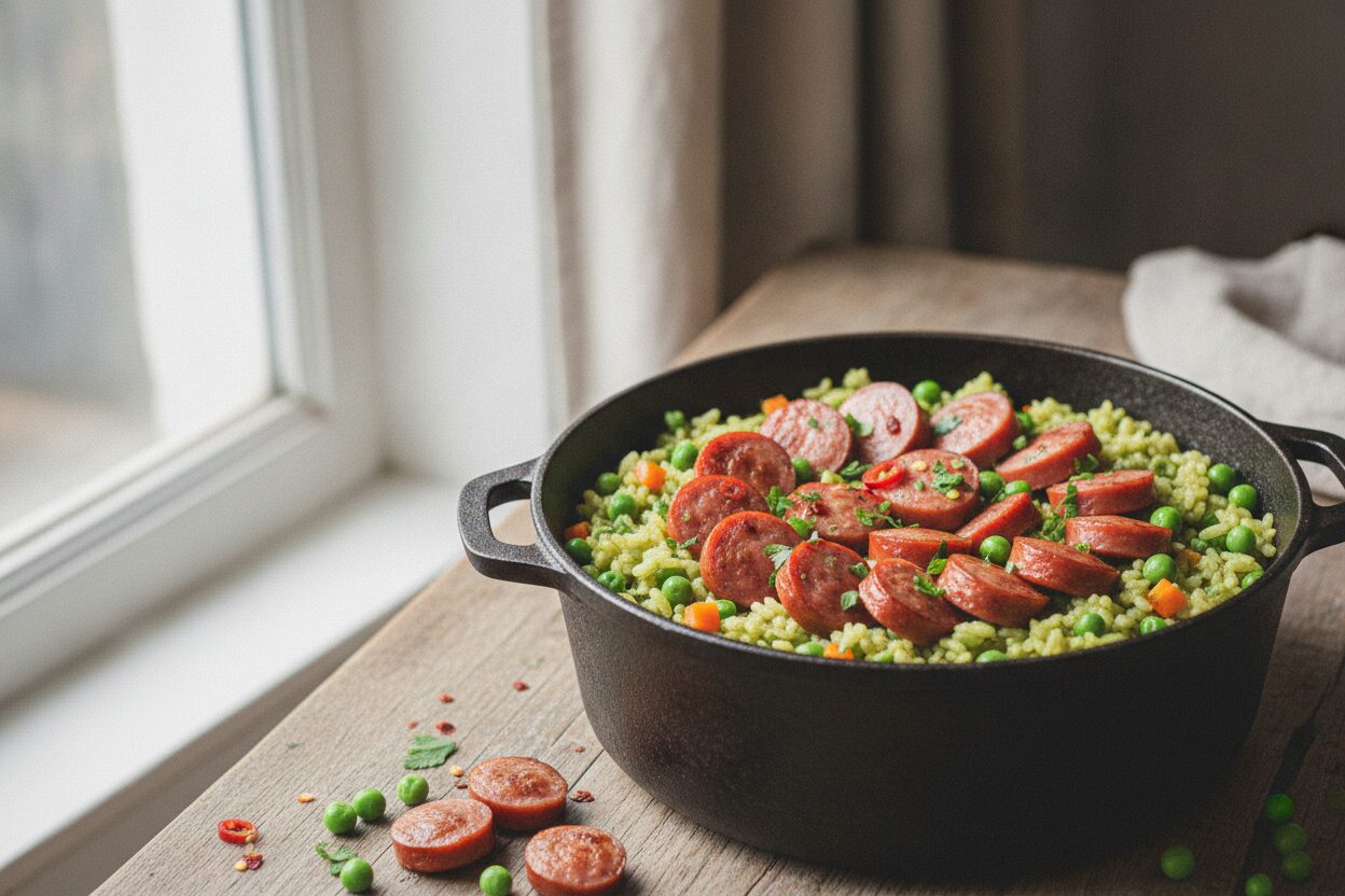 One-Pot Erbsenreis mit Wiener Würstchen