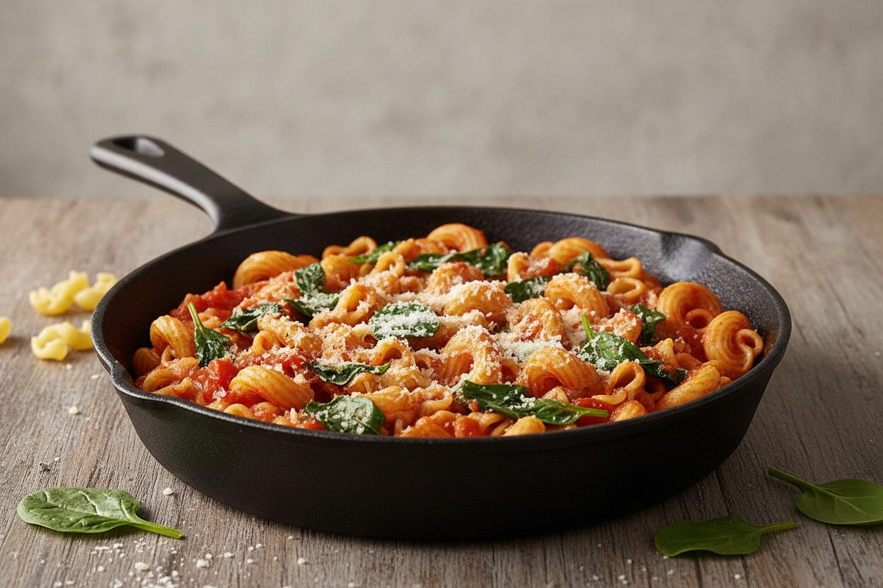 One-Pot-Nudeln mit Tomate & Spinat