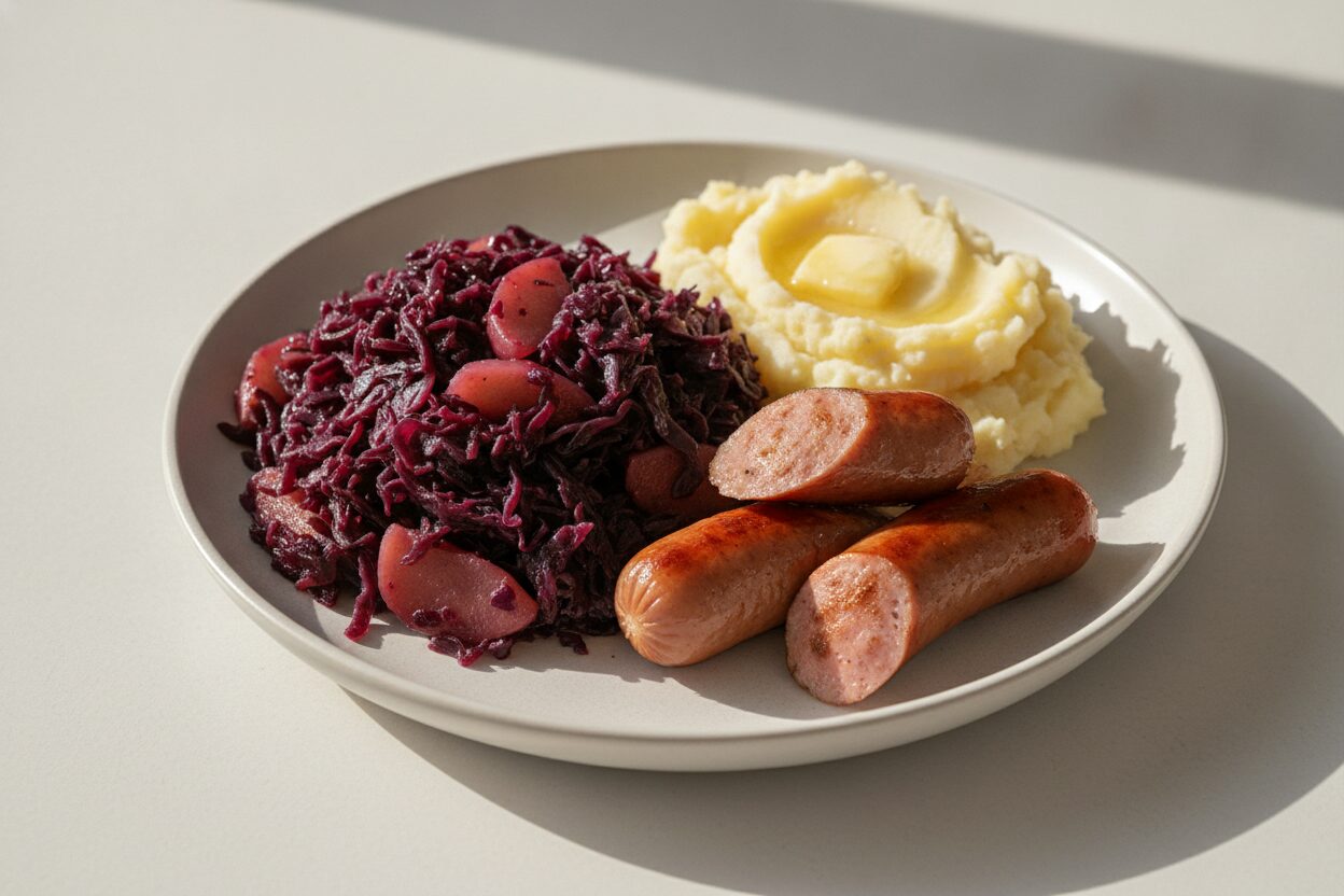 Rotkohl-Apfel-Topf mit Würstchen und Kartoffelstampf