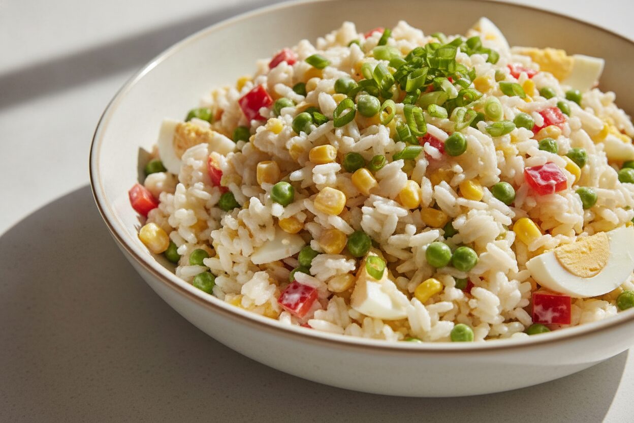 Sommer-Reissalat mit Mais, Erbsen & Ei
